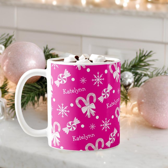 Hot Pink Peppermint Candy Cane Snowflakes Add Name Coffee Mug (Creator Uploaded)