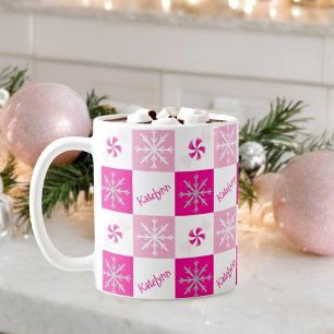 Hot Pink Peppermint Silver Snowflake Add Your Name Coffee Mug