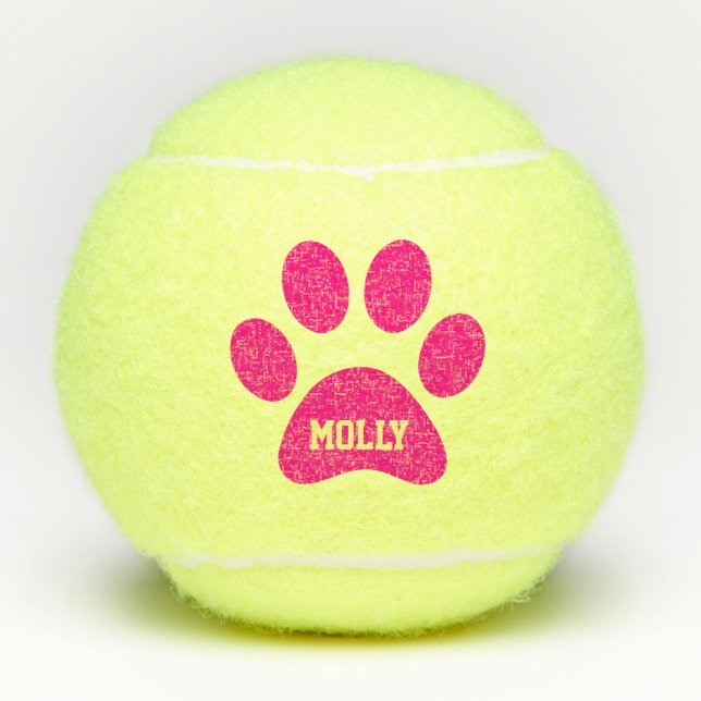 Hot Pink Pet Paw Print Personalised Name Toy Tennis Balls (Front)