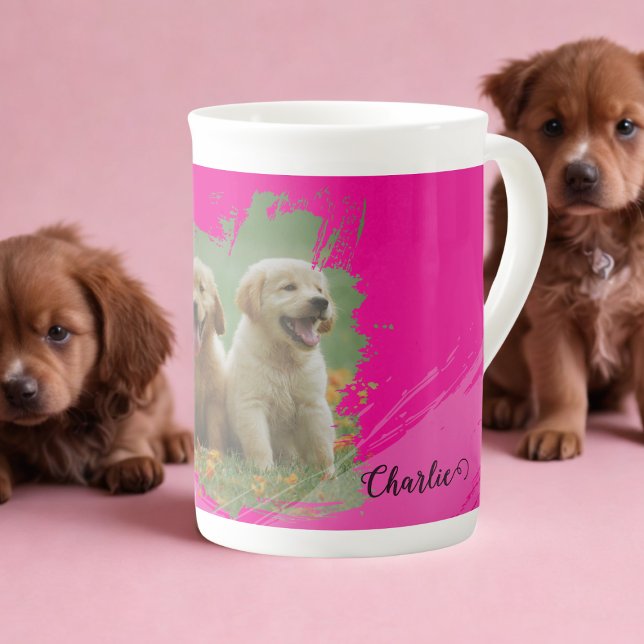 hot pink pets name elegant typography & photo bone china mug (Creator Uploaded)