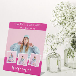 Hot pink photo collage birthday party welcome pedestal sign