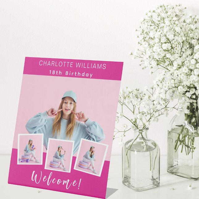 Hot pink photo collage birthday party welcome pedestal sign (Creator Uploaded)