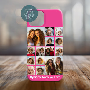 Hot Pink Photo Collage - Modern 14 Pic Grid iPhone 15 Case