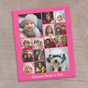 Hot Pink Photo Collage - Modern 14 Pic Grid Fleece Blanket
