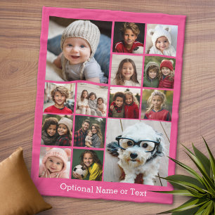 Hot Pink Photo Collage - Modern 14 Pic Grid Fleece Blanket