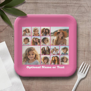 Hot Pink Photo Collage - Modern 14 Pic Grid Paper Plate