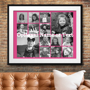 Hot Pink Photo Collage - Modern 14 Pic Grid Poster