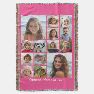 Hot Pink Photo Collage - Modern 14 Pic Grid Throw Blanket