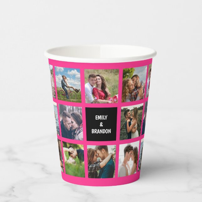 Hot Pink Photo Collage Wedding Paper Cups (Left)