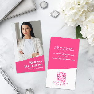 Hot Pink Photo QR Code Vertical Business Card