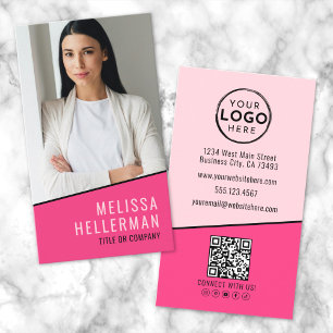 Hot Pink Photo QR Code Vertical Logo Business Card