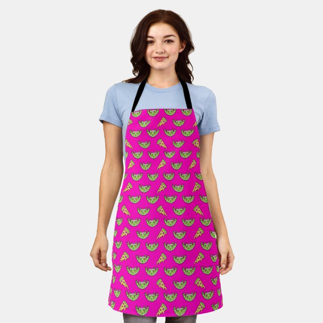 Hot Pink Pizza and Taco Pattern Apron Fun Food Lov (Worn)
