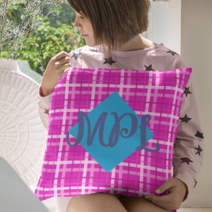 Hot Pink Plaid Custom Monogram Throw Pillow