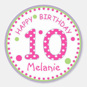 Hot Pink Polka Dot Happy Birthday Number 10 Classic Round Sticker