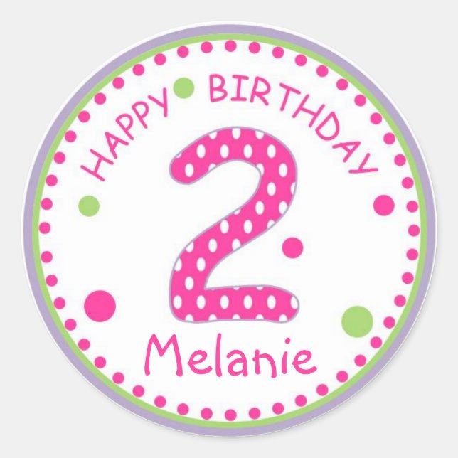 Hot Pink Polka Dot Happy Birthday Number 2 Classic Round Sticker (Front)