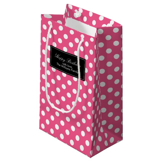 Hot Pink Polka Dots Personalised Small Gift Bag (Front Angled)