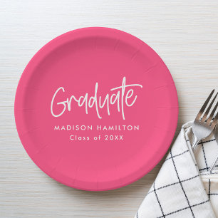 Hot Pink   Preppy Script Graduation Paper Plate