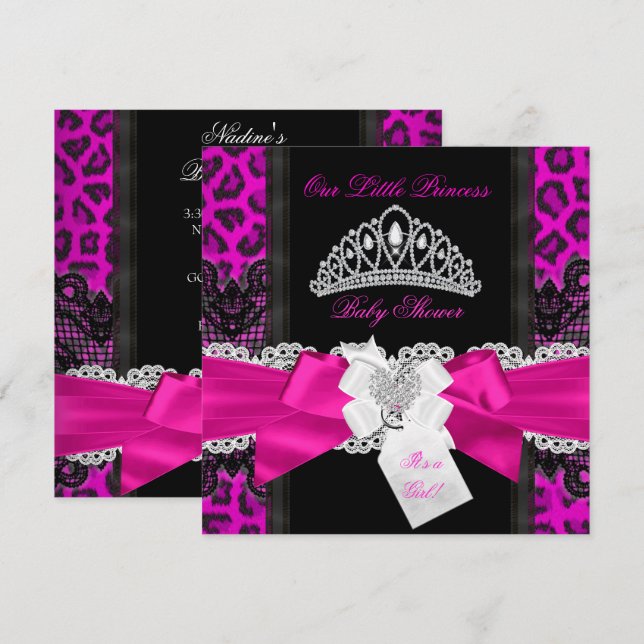 Hot Pink Princess Baby Shower Girl Black Leopard 2 Invitation (Front/Back)
