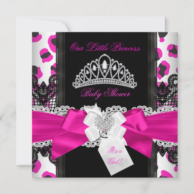 Hot Pink Princess Baby Shower Girl Black Leopard 3 Invitation (Front)