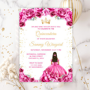 Hot Pink Princess Floral Quinceañera Invitation