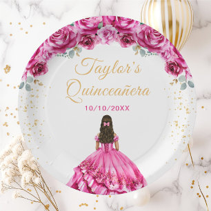 Hot Pink Princess Floral Quinceañera Paper Plate