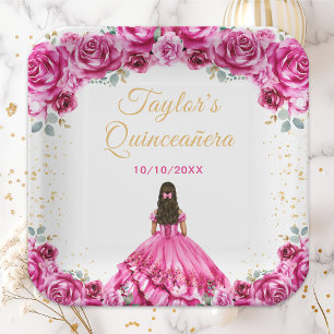 Hot Pink Princess Floral Quinceañera Paper Plate