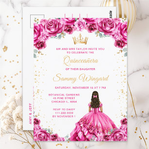Hot Pink Princess Floral Quinceañera Postcard