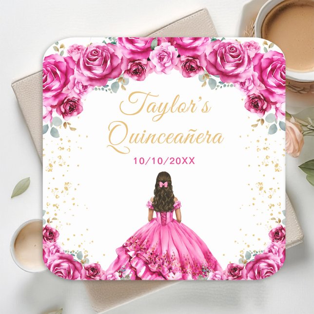 Hot Pink Princess Floral Quinceañera Square Paper Coaster (Creator Uploaded)