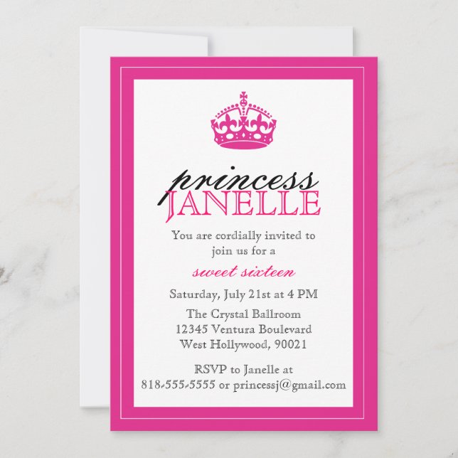 Hot Pink Princess - Sweet 16 Invitation (Front)