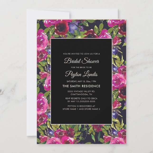 Hot Pink Purple Floral on Black Bridal Shower Invitation (Front)