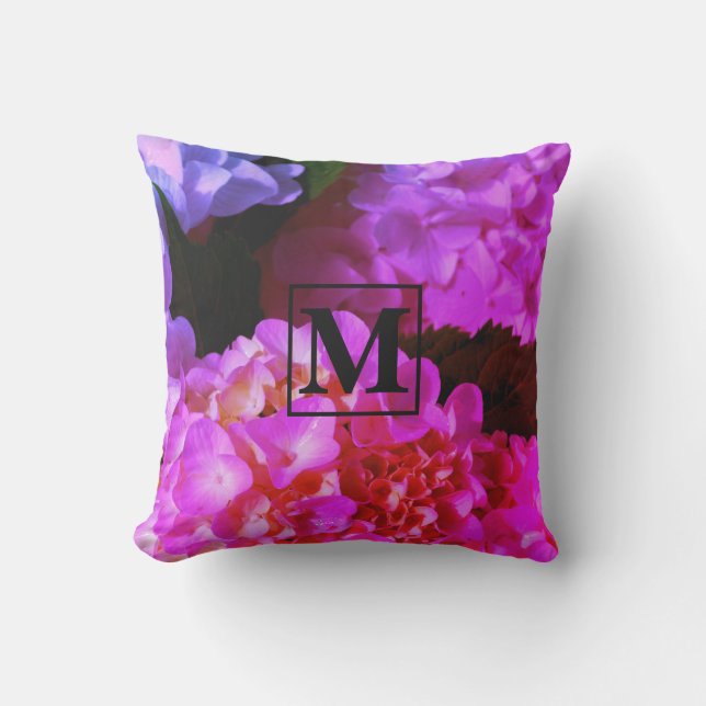 Hot pink purple flowers florals hydrangeas  cushion (Front)