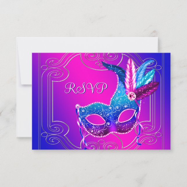 Hot Pink Purple Masquerade Party RSVP Card (Front)