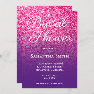 Hot Pink Purple Ombre Glitter Bridal Shower Invitation