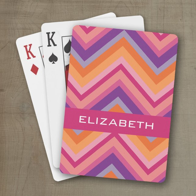 Hot Pink Purple Orange Chevron Pattern Playing Cards (Personalized playing cards with a fun area to add text such as a name or monogram)