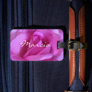 Hot pink purple rose close-up photo custom name luggage tag