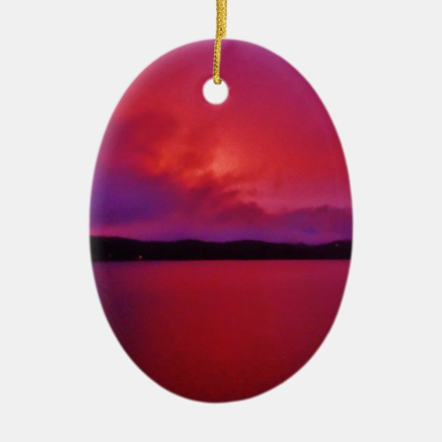 Hot Pink Purple sunset on Lake Arrowhead Ceramic Tree Decoration (Front)