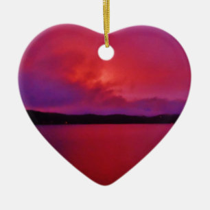 Hot Pink Purple sunset on Lake Arrowhead Ceramic Tree Decoration