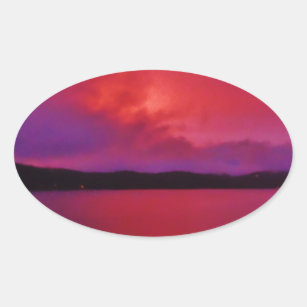 Hot Pink Purple sunset on Lake Arrowhead Oval Sticker