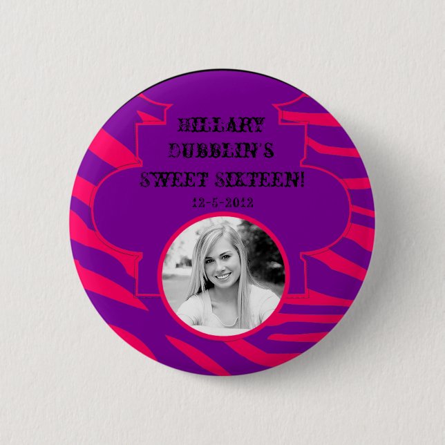 Hot Pink Purple Zebra Print Animal Photo Button (Front)