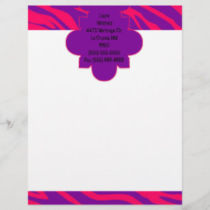 Hot Pink Purple Zebra Print Letterhead Stationery