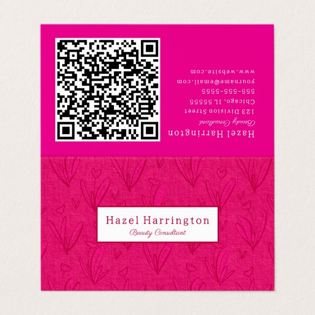 Hot Pink QR Code Folded Business Card Floral  (Outside Unfolded)