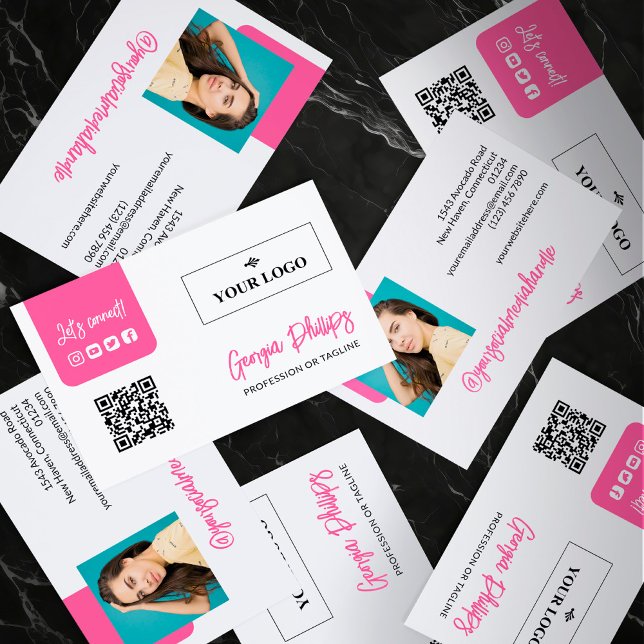 Hot Pink QR Code Photo Logo Social Media Business Card (Creator Uploaded)