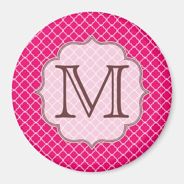 Hot Pink Quarterfoil Latti Monogram Initial Magnet (Front)