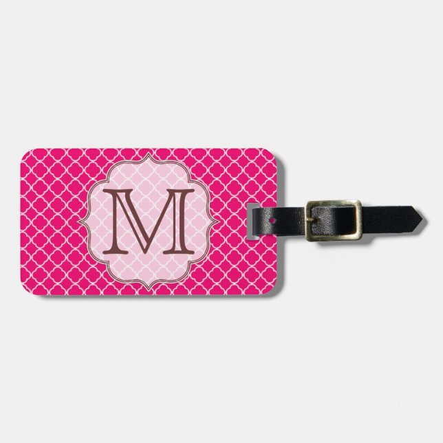 Hot Pink Quarterfoil Latti Monogram Luggage Tag (Front Horizontal)
