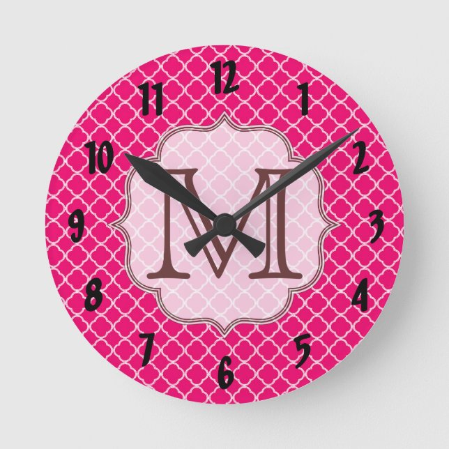 Hot Pink Quarterfoil Latti Monogram Wall Clock (Front)