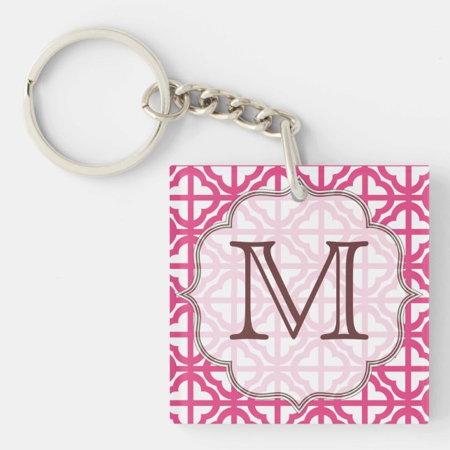 Hot Pink Quarterfoil Lattice Monogram Key Chain (Front)