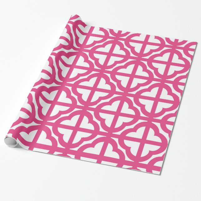 Hot Pink Quaterfoil Lattice Quarter Wrapping Paper (Unrolled)