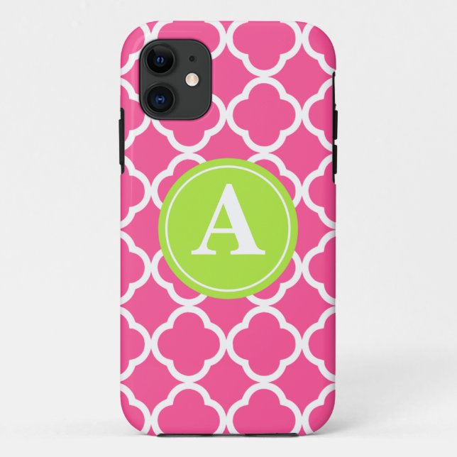 Hot Pink Quatrefoil Lime Monogram Case-Mate iPhone Case (Back)