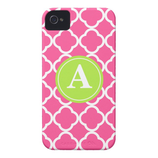 Hot Pink Quatrefoil Lime Monogram Case-Mate iPhone Case (Back)