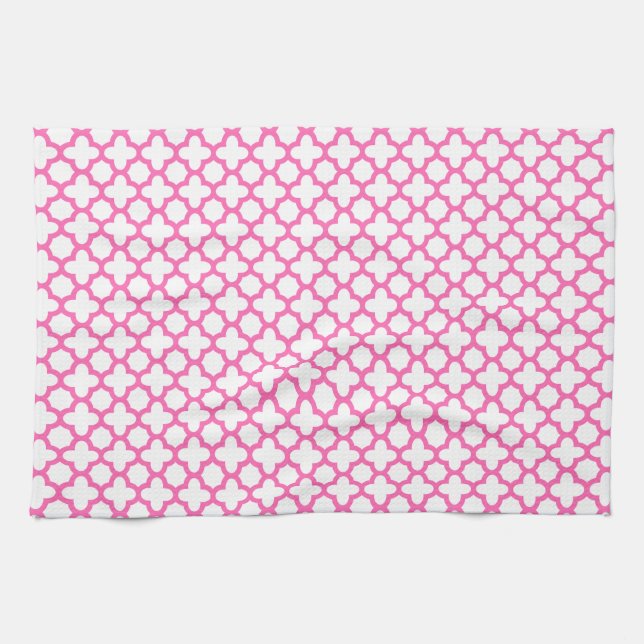 Hot Pink Quatrefoil Pattern Tea Towel (Horizontal)